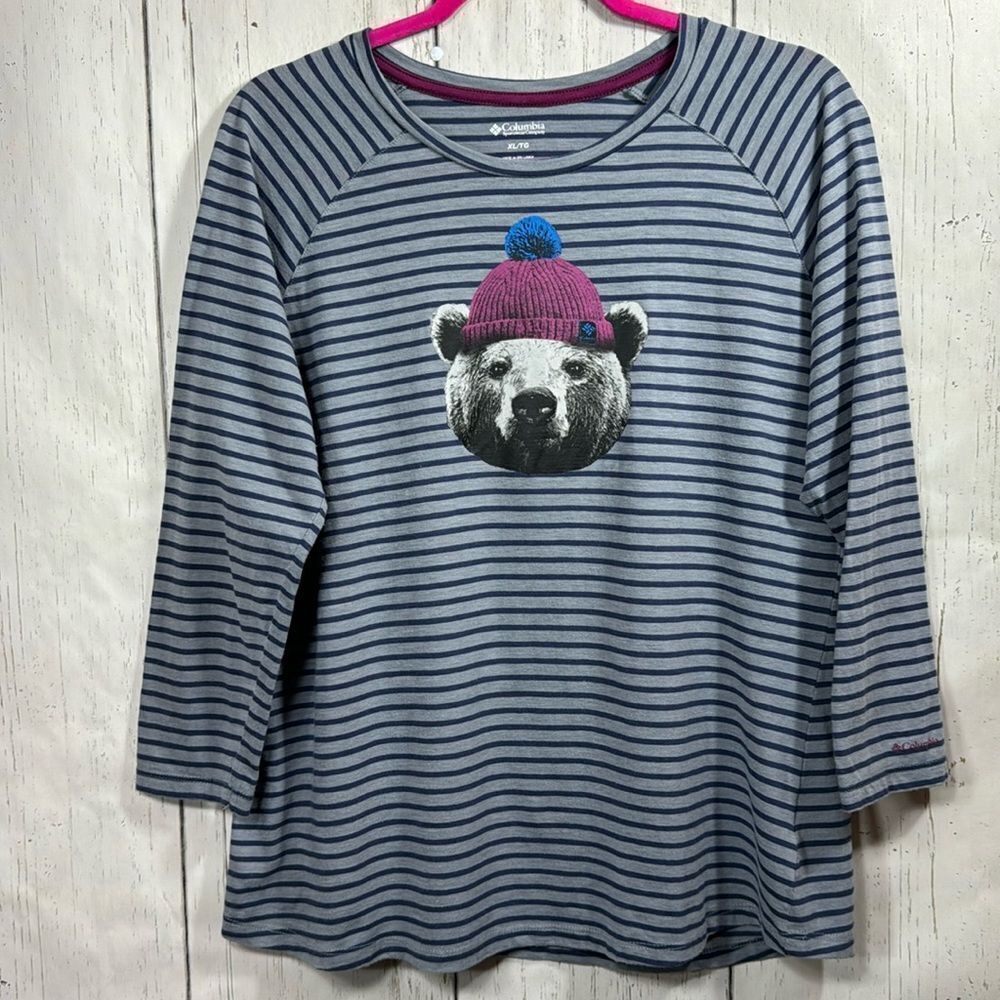 Columbia Bear Graphic Striped 3/4 Sleeve Top XL Outdoorsy Hiking Camping Cabin